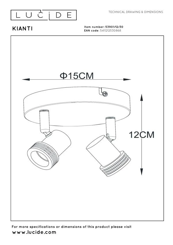 Lucide KIANTI - Ceiling spotlight - Ø 15 cm - 2xGU10 - Black - technical